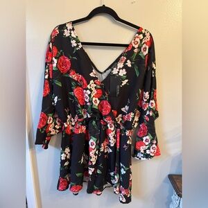Floral V-Neck Wrap Top - Black and Red